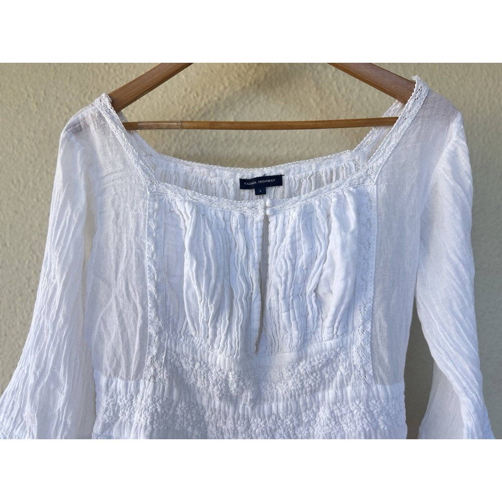 Karma Highway White Floral Dress L Cottage Prairie Romantic Peasant Bell Sleeve - Picture 5 of 9